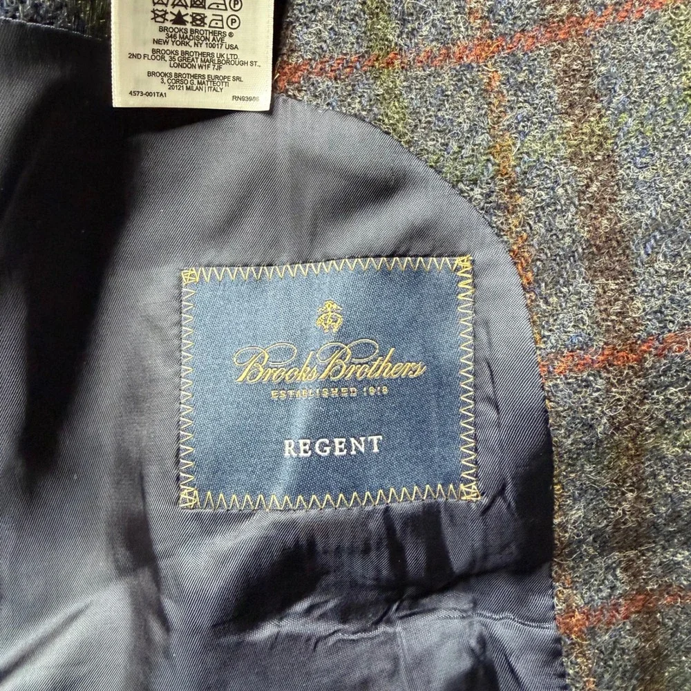 BROOKS BROTHER Regent Sport Coat Blue Plaid Harris Tweed Wool Men's Size 44R